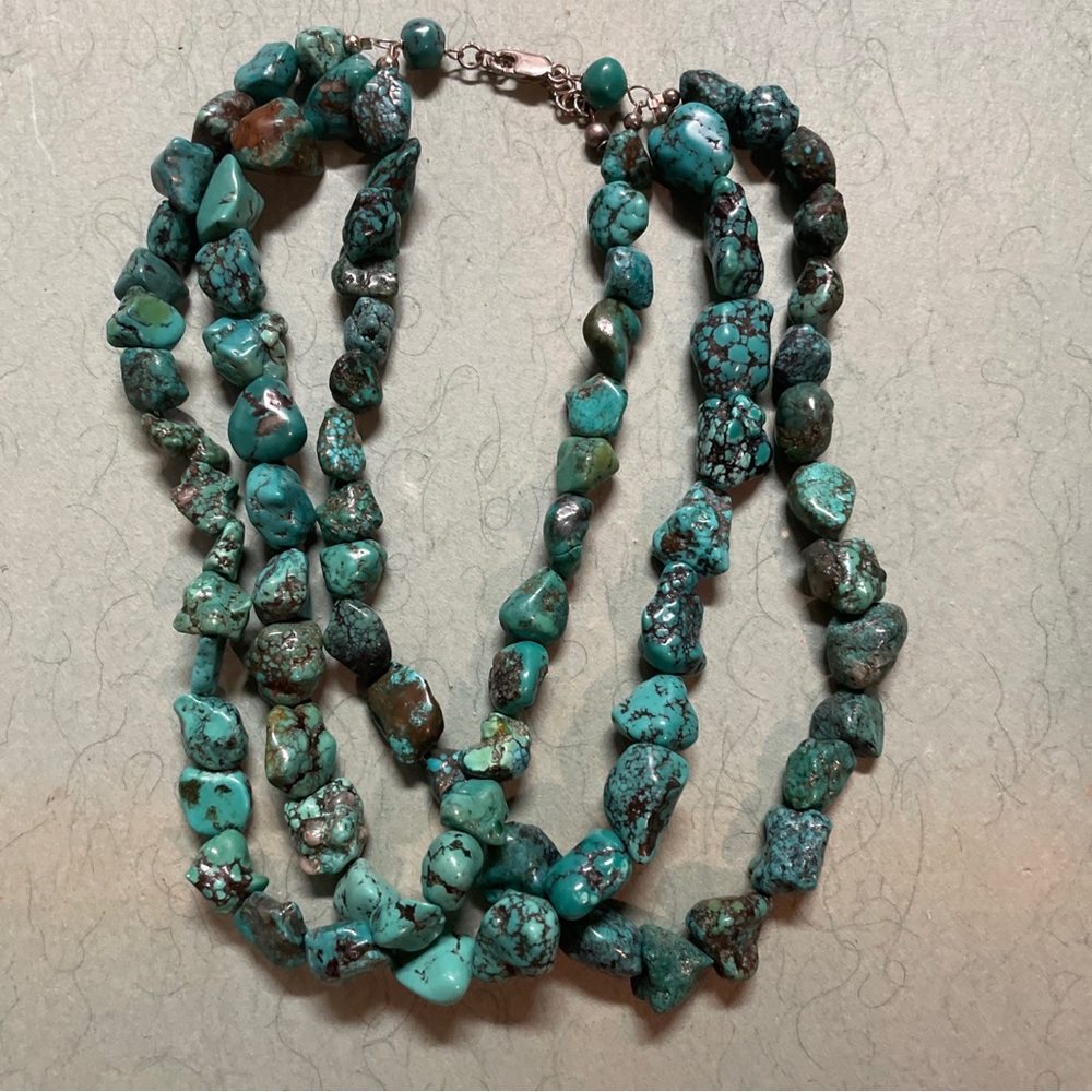 3STRAND PF GREEN TURQUOISE NUGGETS NECKLACE 16”-19” Long W/ 925 Clasp